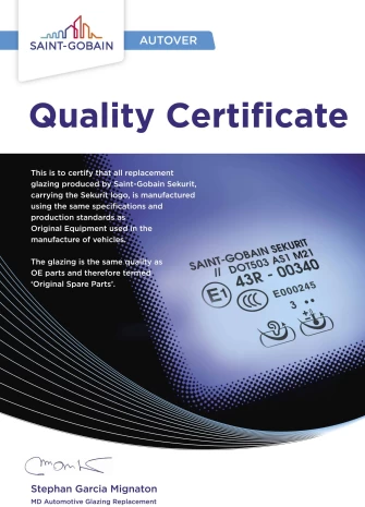 Certificate by brand Sekurit Saint-Gobain 1